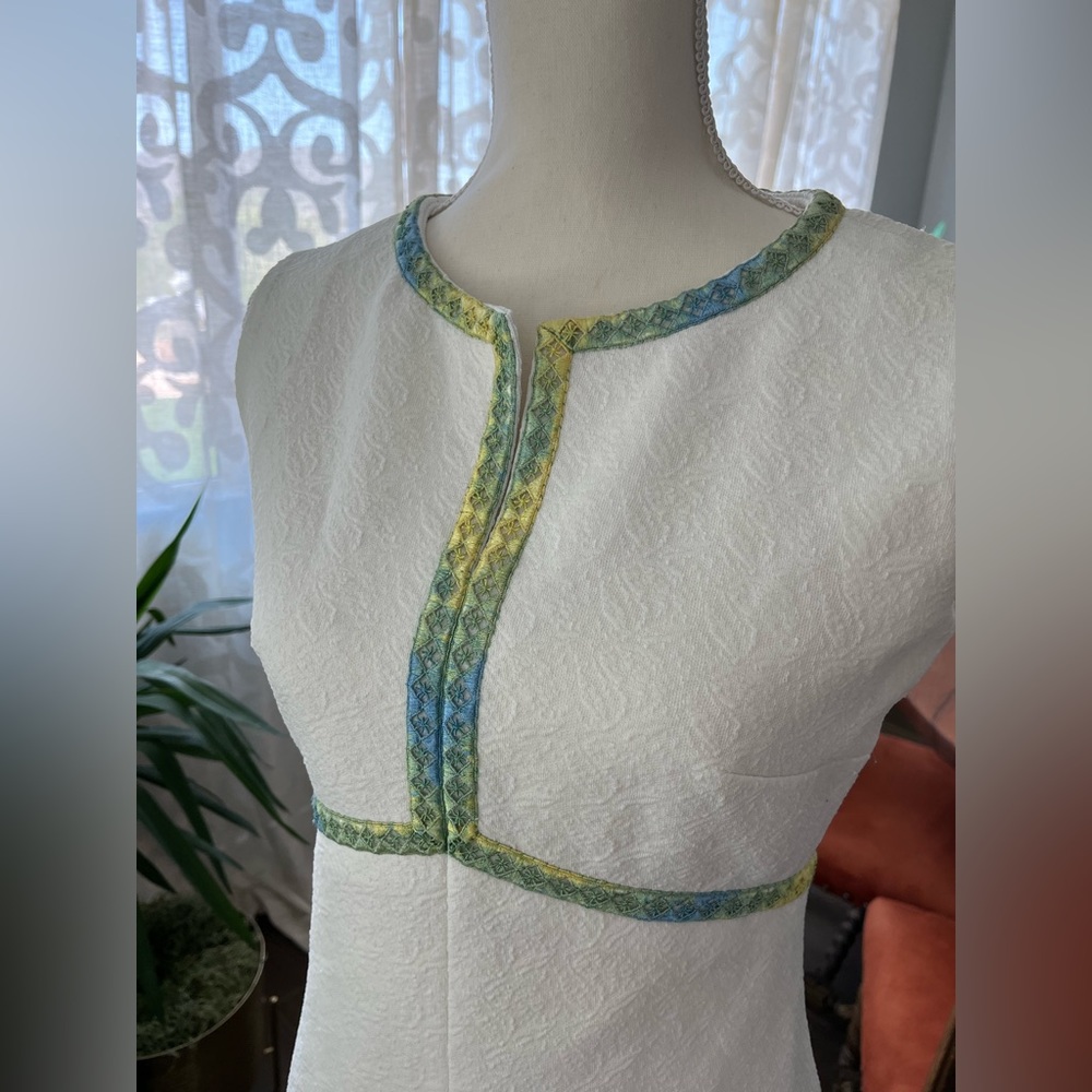 S/M Vintage 60s mod midi dress with green blue detail handmade Gogo dress - Picture 4 of 9